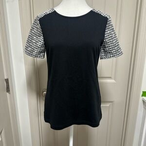 J. Crew Black Tee with Black-and-White Patterned Short Sleeves